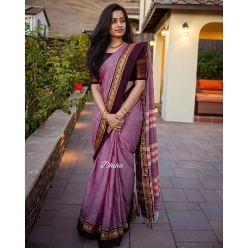 Image of Narayanpet Pure Cotton Avani Border Saree for Women with Running Blouse | Tassels | Traditional Woven Solid Design | Handloom Weave