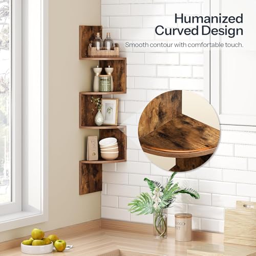 Image of Wooden Corner Shelf Wall-Mounted, Set of 2 Floating Corner Shelves for Wall, 4-Tier Corner Bookshelves for Living Room, Bedroom, Bathroom, Home Office (Brown Finish)