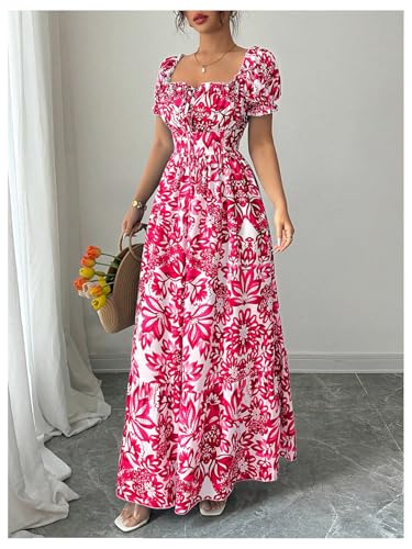 Image of Floerns Women's Floral Short Puff Sleeve Milkmaid Dress Boho A Line Long Dresses