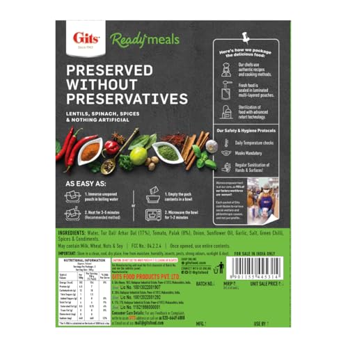 Image of Gits Ready to Eat Dal Palak, Pure Veg Heat and Eat Indian Meal, Microwaveable, 300g