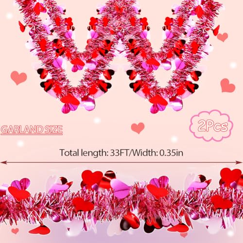 Image of 2Pcs Valentine's Day Tinsel Garlands 66FT Metallic Fringe Garland with Pink Hearts Glitter Streamers for Wedding, Engagement, Anniversaries, Romantic Love Valentines Day Decorations