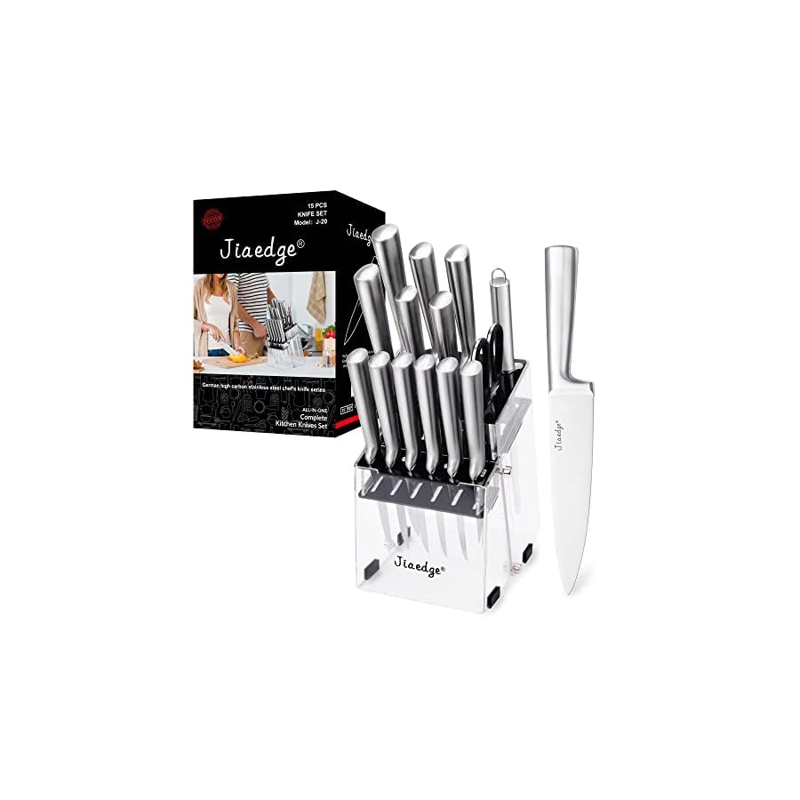 Knife Set, Jiaedae 15 Pieces Stainless Steel Knife Block Set with Acrylic Stand, Knife Sets for Kitchen with Block, Knife Set with Clear Block, Dishwasher Safe, Silver