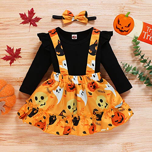Halloween Baby Girl Clothes, Thanksgiving Toddler Girl Outfit Ruffle Top+Pumpkin Print Skirt Sets+Headband Black - Thumbnail 2