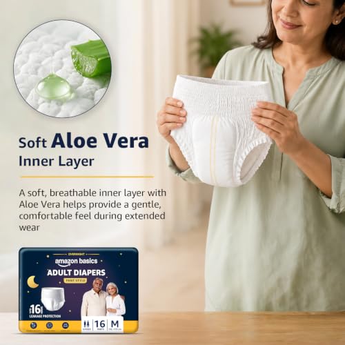 Image of Amazon Basics Overnight Adult Diapers Pants Style | Medium Size | 32 Count | (16 x Pack of 2) | Up to 16-Hour* Protection | Double-Layer Absorbent Core | Aloe Vera Inner Layer