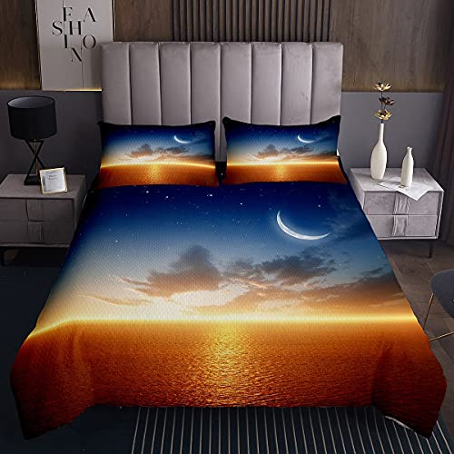 Copriletto trapuntato motivo: luna nel cielo, con stelle tranquillo e paesaggio marino, colore: arancione, blu, 3 pezzi