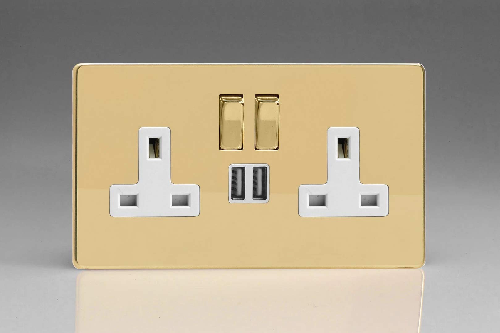 Flat Plate Screwless Polished Brass 2 Gang 13 Amp Socket + 2x USB Charging Port - White Inserts