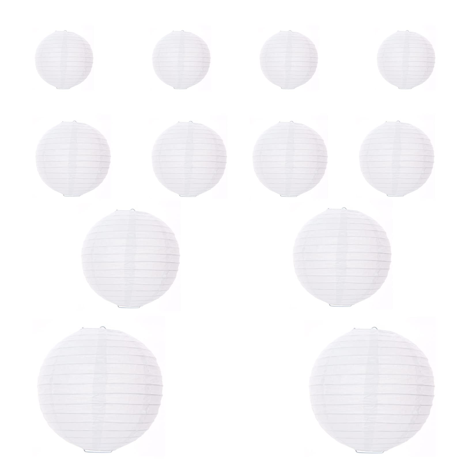 12 Lampions Blancs En Papier - 4 Tailles (10 à 30 Cm) - Pour Décoration Fête, Mariage, Noël - 4