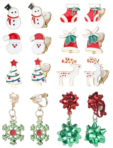 ShinyStyle J4You 8Pairs Clip on Earrings - Christmas Tree Snowman Moose Santa Bells Socks Holiday Xmas Fake Earrings