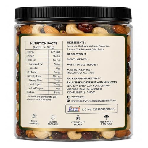 Image of Bhuvenika Dry Fruits & Mukhwas Premium Mix Dry Fruits 500gm |Mixed Almonds, Cashews, Pistachios, Raisins, Apricots, Black Raisins | Assorted Crunchy Trail Mix for Snacking & Gifting