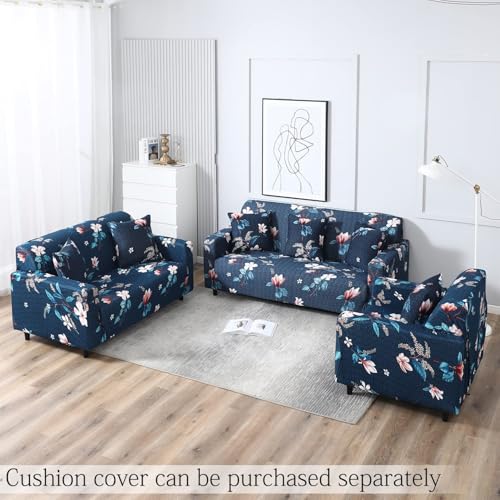 Image of Stretch Sofa Cover, Geometric Print, Elastic Slipcover for 3 Seater, Spandex Fabric, Living Room Furniture Protector (Blue)