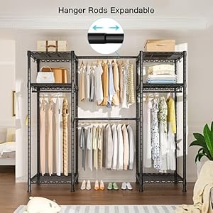 Ulif E7 Garment Rack, Heavy Duty Clothes Storage System with Extendable Hangers Rods, Metal Clothe Rack with 6 Wire Shelves, (52.3"-72") W x 14.5" D x 71.2" H, Load 838 LBS Ulif E7 Garment Rack Heavy Duty Clothes Storage System with Extendable Hangers Rods Metal Clothe Rack with 6 Wire Shelves 523 72 W x 145 D x 712 H Load 838 LBS
