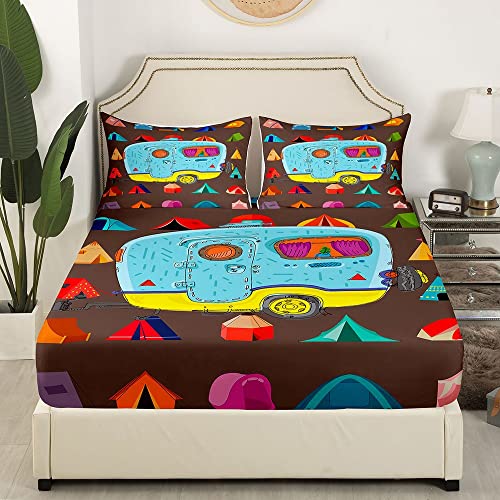 Erosebridal Happy Camping Sheets For Kids Multicolor Camper Theme Bed Sheets Rustic Farmhouse Queen Fitted Sheet Modern Lodge Cabin Bedding Breathable Microfiber Bed Cover (No Top/Flat Sheet) #TOP1