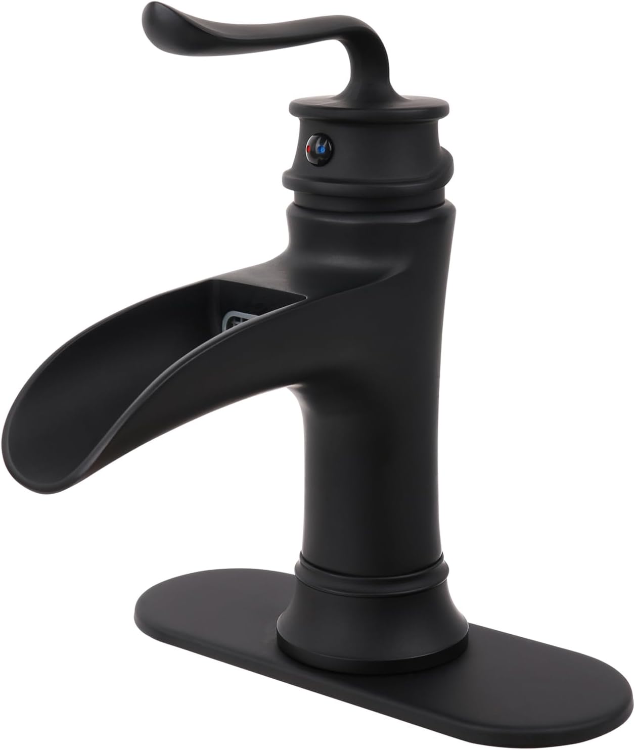 Solid Brass Deck Mount Lavatory Faucet, 4 Inch Centerset Vanity Faucet, Single Handle Waterfall Spout Bathroom Sink Faucet, Matte Black