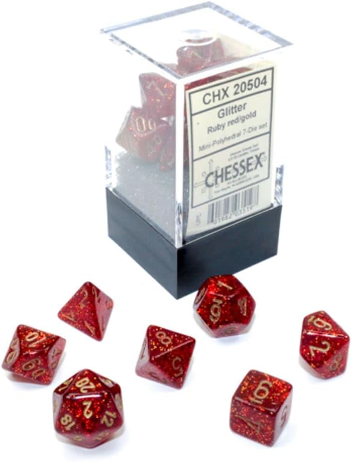 Chessex Dice Set – 10mm Glitter Red/Gold Polyhedral Dice Set – Dungeons and Dragons D&D DND TTRPG Dice – Includes 7 Dice - D4 D6 D8 D10 D12 D20 D%, (CHX20504)