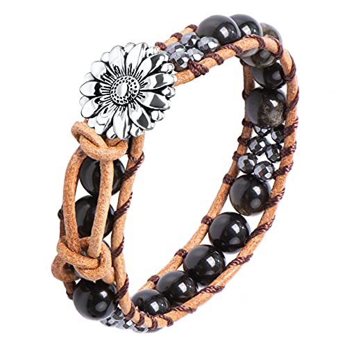 MATEPROX Pulsera de Cuero de ágata de Natural Hecha a Mano, Reiki Yoga, Pulsera de Envoltura de Piedras Preciosas de Cristal Curativo de Chakra de Bohemio Pulseras-Ágata negra