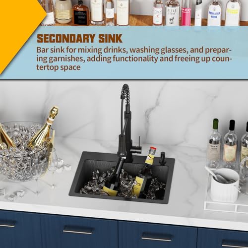 20x16In Black Kitchen Sink - Small Stainless Steel Drop In Single Bowl Topmount Staylish Kitchen&Bar Sink Ideal Choice For Small Space, Prep Area, RV With Bottom Grid,Silicon Mat And Drain Assembly by FAUENPEEY - Used condition - Image 3