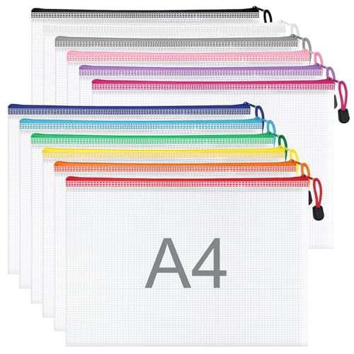 WISYOK 12 Stück Dokumententasche A4, Wasserdichte Mesh Dokumententasche mit Reißverschluss, Reißverschlusstasche für Dokumente, Dokumententaschen für Büro, Schule und Reisen (33×23cm, 12 Farben)