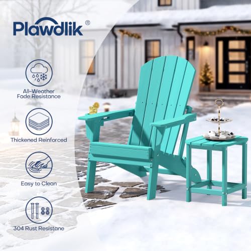 Image of Plawdlik Folding Adirondack Chair Set of 3, Cup Holder, Aruba Blue | pin-free folding, 38-in tall back, Wood-grain All-weather HDPE; for fire pit, poolside, deck, backyard, patio