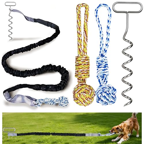 Dog Bungee Tug Toy with Steel Stake & 2 Chew Balls, 6.8ft Stretch Rope tug Toy - Tether Tug for Large/Medium/Small Dogs - Outdoor/Outside Dog Tug of War Toy (Lawn/Tree Use)