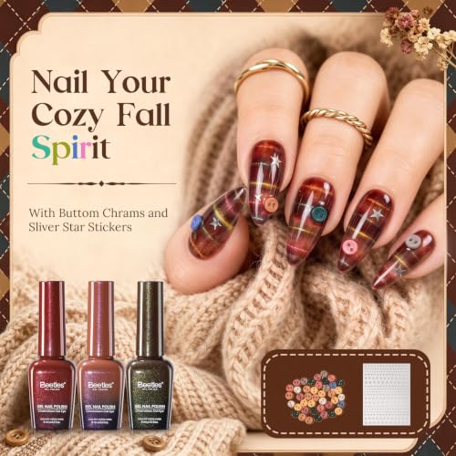 Image of Beetles Mocha Sweater Cat Eye Gel Nail Polish Set, 6 Colors 9ml Fall Gel | Brown-Based Iridescent Cat Eye Gel Kit Magnetic Effect, Button Charms & Star Stickers & Magnet, Soak Off UV Salon at Home