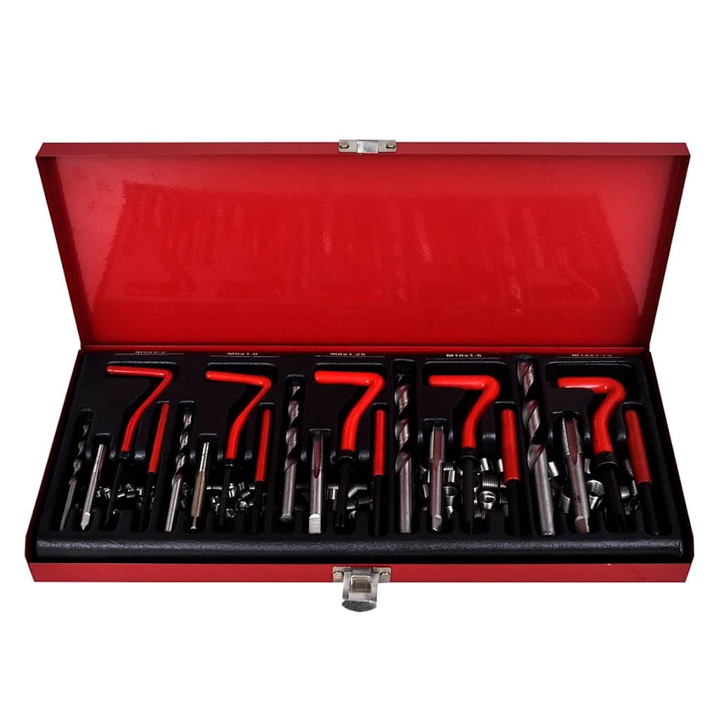 Kit di riparazione filettatura, 131 pezzi, con maschi filettati HSS e trapano, inserti filettati, strumenti a inserimento, rompicapi in valigetta, set di attrezzi manuali per riparazione