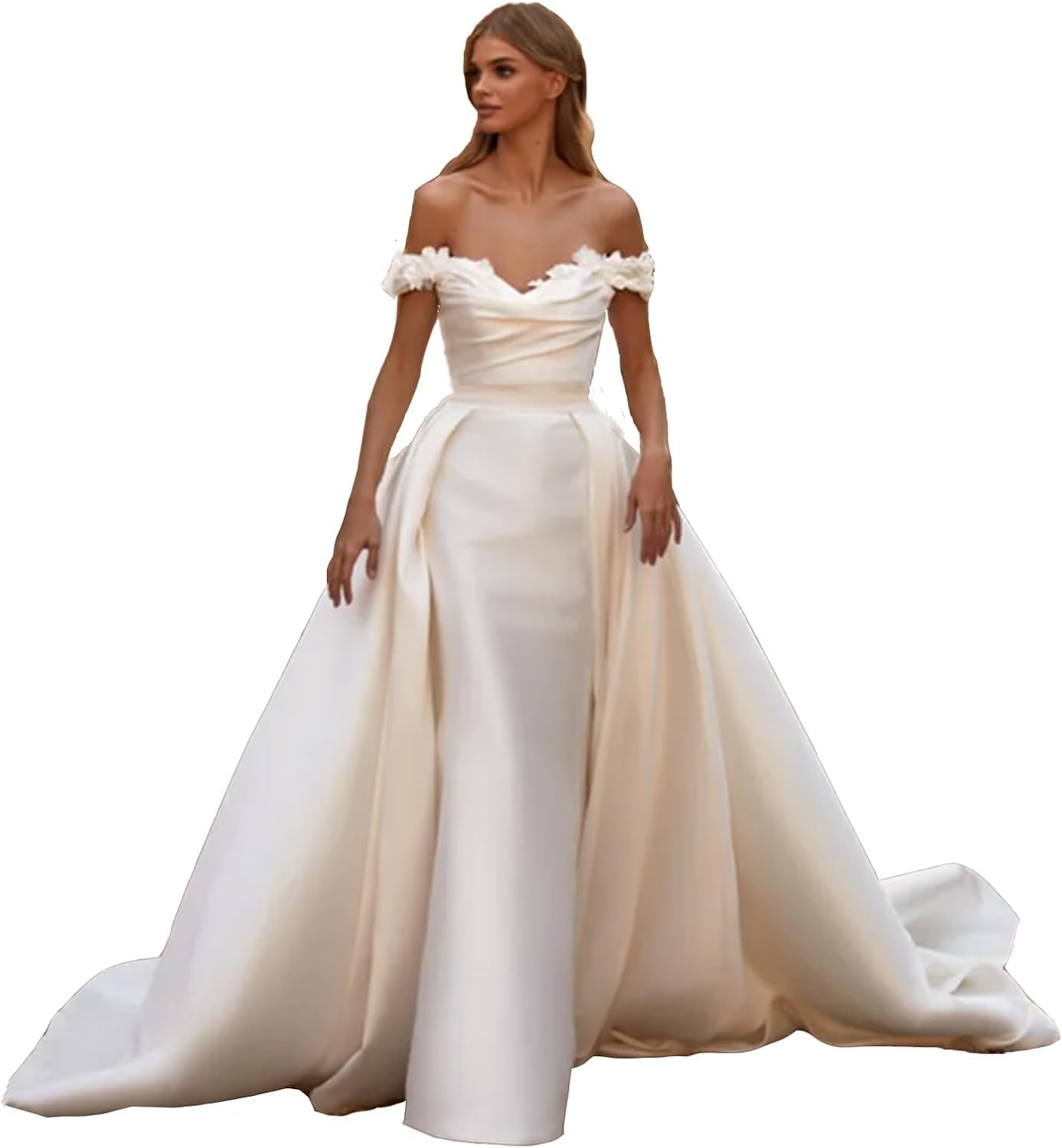 Women's Satin Mermaid Wedding Dresses Off Shoulder with Detachable Train Bridal Gonws,Ivory,34