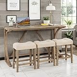 YWUFUART 59' Counter Height Bar Table Set with Power Outlet, Industrial Breakfast Table with 3 Padded Stools, 4 Piece Bar Table and Chairs Set for Living Room, Dining Room, Brown