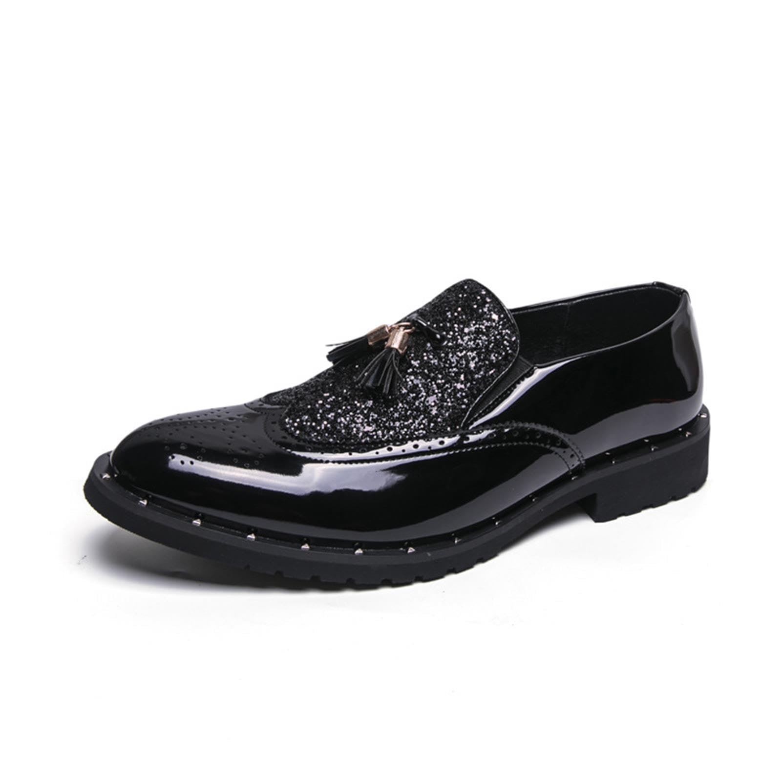 Mocasines de Charol con Purpurina para Hombre Zapatos de Vestir con Borlas Estilo Brogue Brillantes para Boda Fiesta