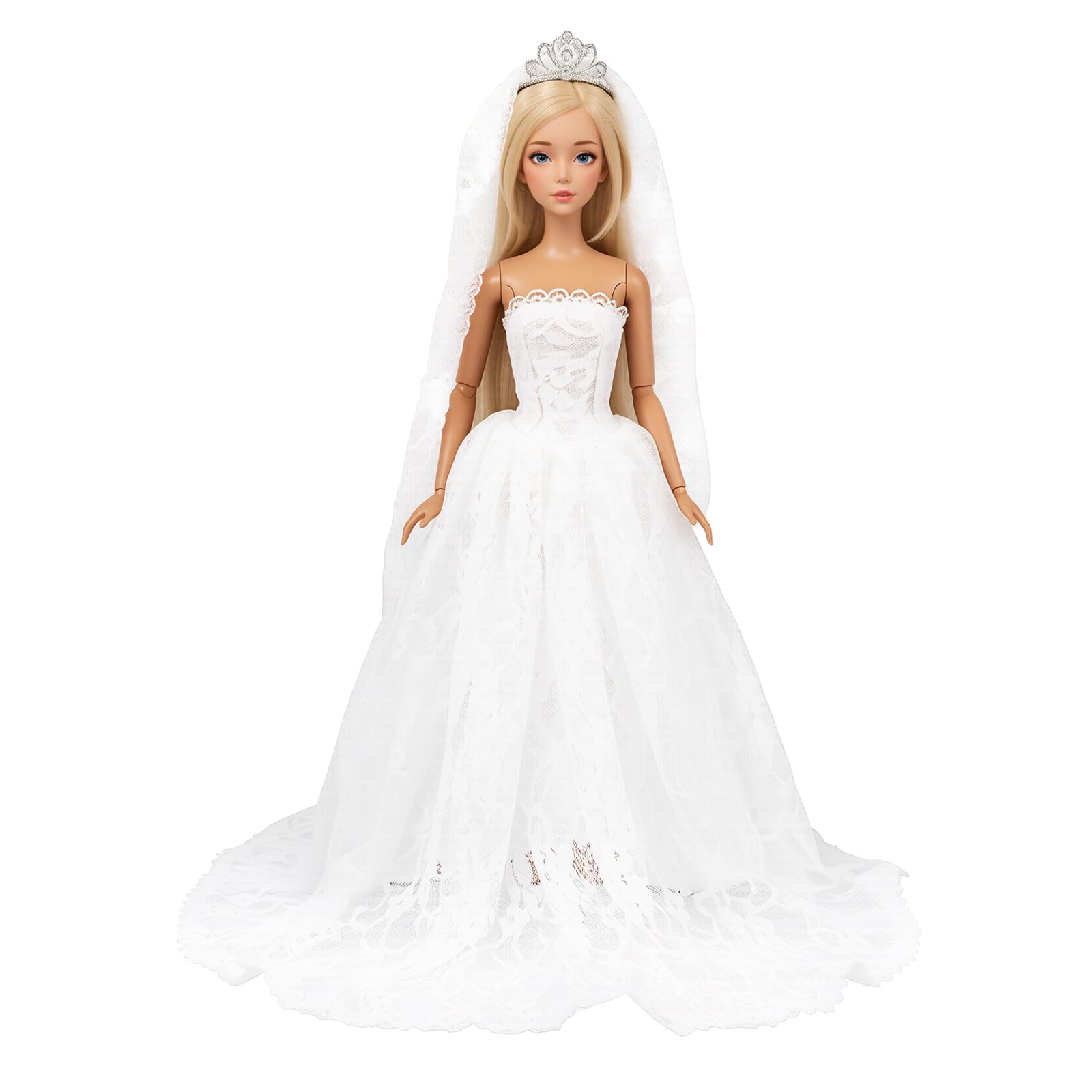 BARWA White Wedding Dress with Long Veil Evening Party Princess White Lace Gown Dress for 11.5 Inch Girl Doll
