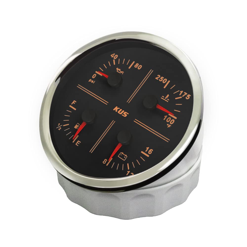 KUS 110 mm 4 in 1 Multifunktionsmessgerät Öldruck Kraftstoffstand Wassertemperatur Voltmeter 12 V mit Hintergrundbeleuchtung wasserdicht für LKW SUV (schwarz+edelstahl)
