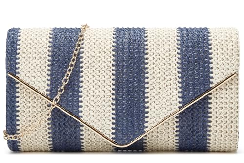 Image of Straw Clutch Bag Women Summer Woven Handbag Striped Chain Crossbody Envelope Shoulder Boho Beach Evening Party Purse