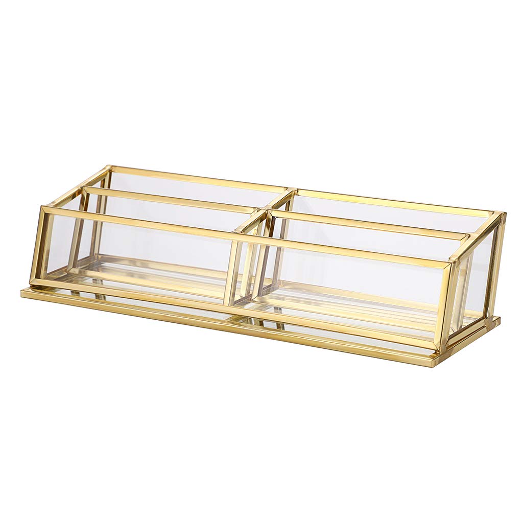 Hipiwe 4 Slots Glass Business Card Holder Stand - Vintage Gold Metal Name Card Display Stand Office Desktop Countertop Business Card Organizer