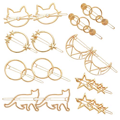 HAN SHENG 14 Pcs Minimalism Hair Clips Dainty Hollow Geometric Clasps Circle Hairpin Star Cat Hair Barrettes for Girl Women Hair Decration (Gold)