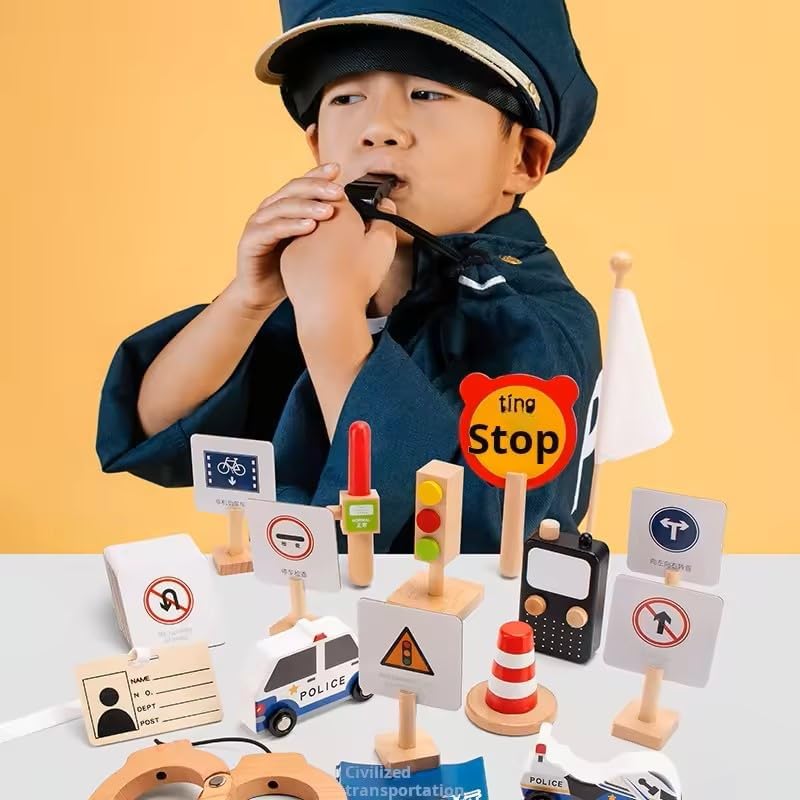 Image of Wudly Wooden Traffic Police Play Set, Pretend Play Set, Activity Toy for Kids, Montessori Game, Role Play