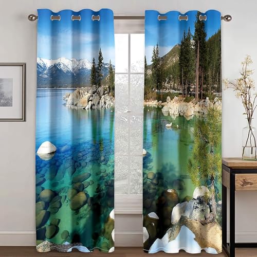 Cortinas de 84 pulgadas de largo con paisaje de montaña y bosque, juego de 2 paneles en azul y verde 3