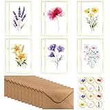 DEARBAG Grußkarten Set mit Umschlag, Geburtstagskarten Glückwunschkarte Blumen, 12 Stück Faltkarten mit Umschlag Aufkleber, Florale Karten für Geburtstag Weihnachten Neujahr Valentinstag Jahrestag
