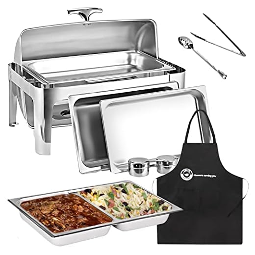 8 Qt Full Size Roll Top Chafing Dish Bundle Stainless Steel - 1 Full Size and Food Pans, 1 Water Pan, 1 Sectional Food Pan, 1 Tung and 1 Serving Spoon - Fuel Holders and Lid + Free Apron,