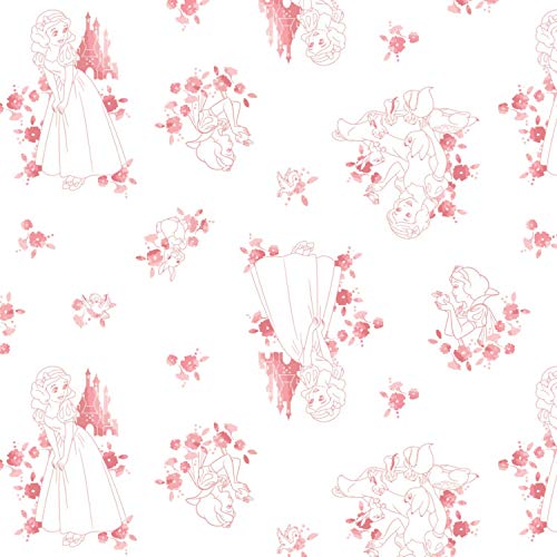 Disney Forever Princess Collection Snow White Toile White/Coral Premium Quality 100% Cotton Fabric by 1/2 of a Yard.