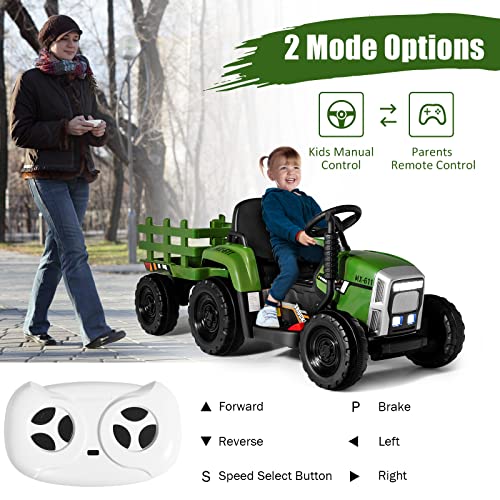 Image of Costzon Ride on Tractor with Detachable Trailer, Kids' Electric Vehicles w /3-Gear-Shift Ground Loader, Wireless Design & USB, 7 LED Headlights, Remote Control Tractor Toy for Kids 3+ (12V, Dark Green)