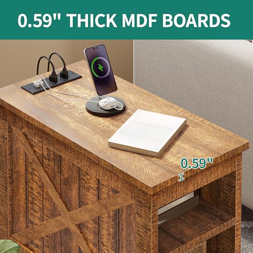 DWVO 2PCS Farmhouse Nightstand with Charging Station & Storage Shelves, Narrow Side Table for Small Spaces Bedroom/Living Room, Brown