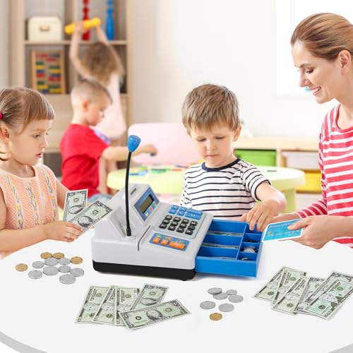 Calculator Cash Register - 103 Pcs Toy Cash Register, Store Set with Microphone, Credit Card and Banking for Kids, Early Math Skills Toys Gifts for 3, 4, 5, 6 7 8+ Years Old Boy Girl