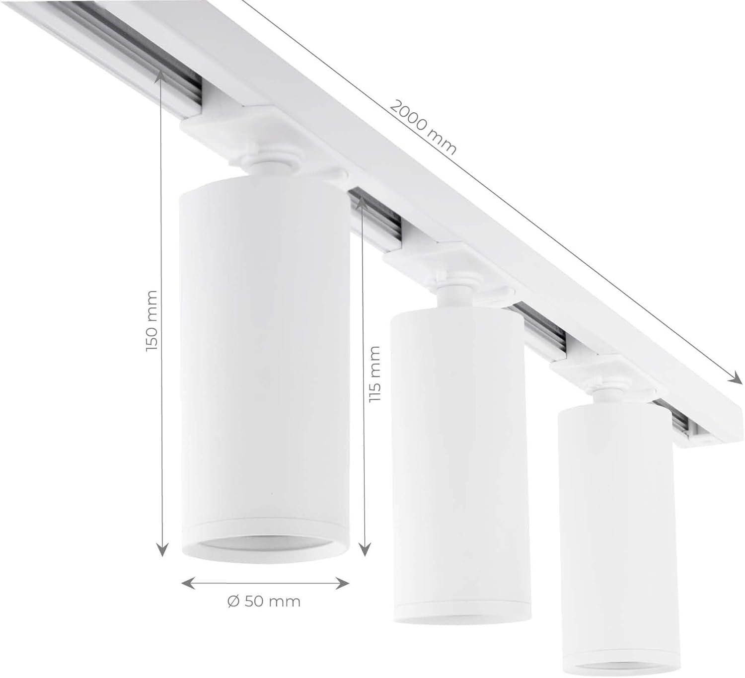 Diagram showing the dimensions of the Ledvion track lighting system, with a 2000mm track length, 150mm spotlight height, and 50mm spotlight diameter.