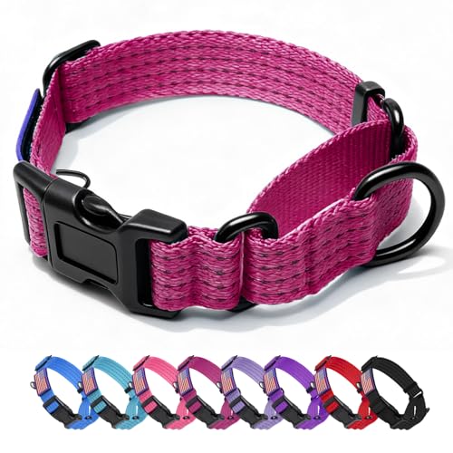 Image of Martingale Dog Collar Reflective with USA Flag Patch, M,Hot Pink | Escape Proof without choking,Adjustable Limited Slip Collar with Quick Release Buckle, Nylon Walking Collar for S M L Dogs