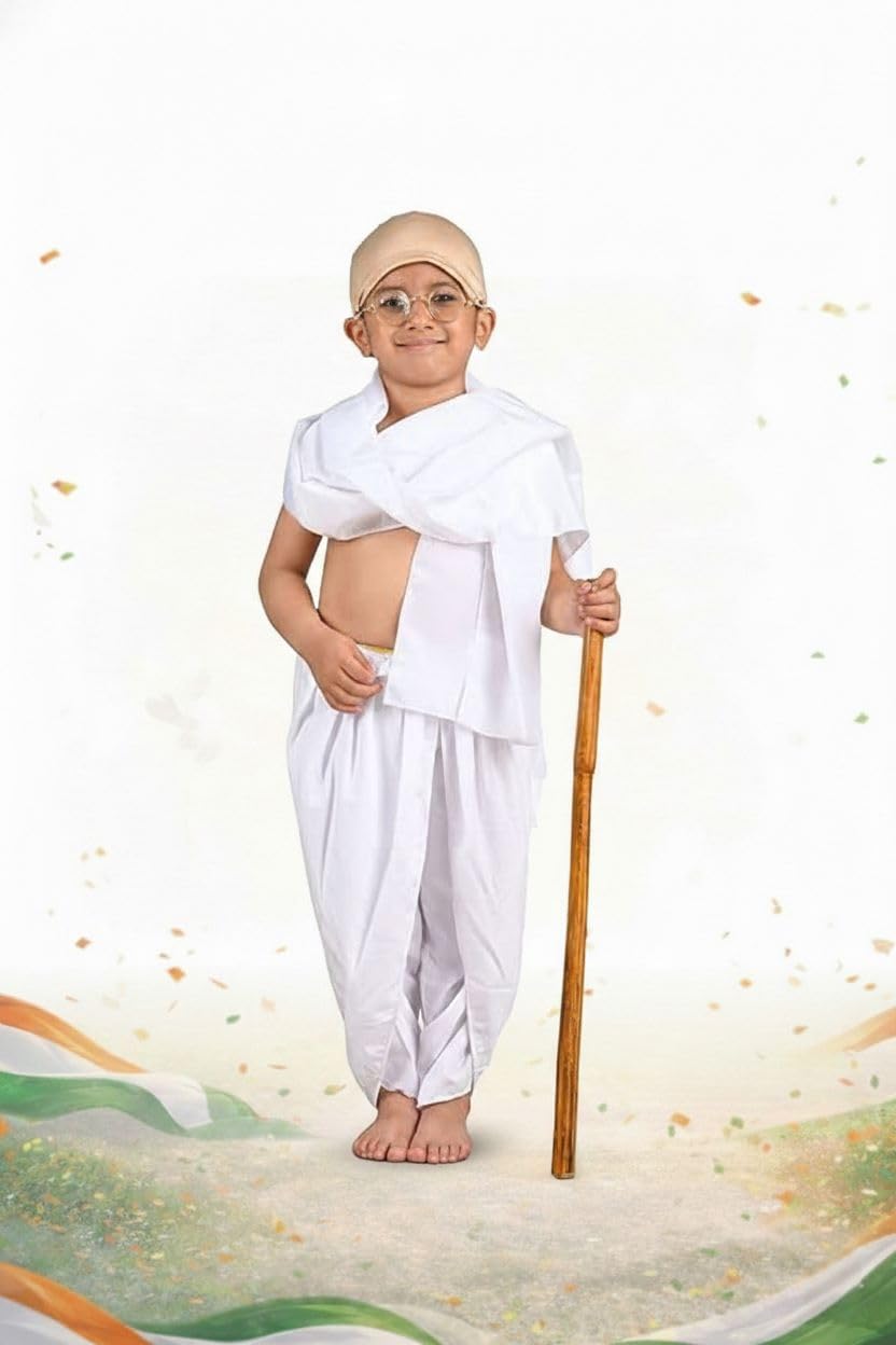 BookMyCostume Mahatma Gandhi Bapu with Lathi Freedom Fighter Kids Fancy Dress | Gandhiji Costume for Kids 7-8 years