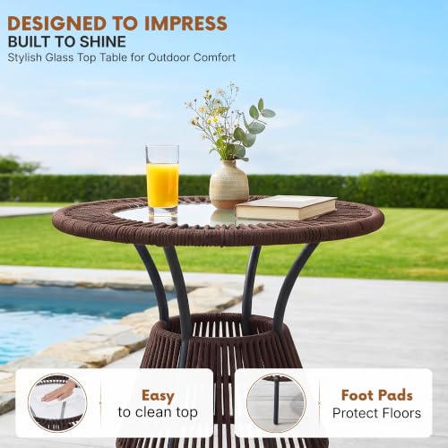 Image of DEVOKO Bliss 3 Piece Outdoor Patio Rope Conversation Set with Glass Top Table (Dark Brown /Cream), Powder-Coated Metal Frame & Water-Resistant Cushions for Balcony, Garden, Terrace