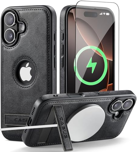 Image of Casus for iPhone 17 Case with MagSafe, Slim Kickstand Vegan Leather Protective Cover with Tempered Glass Screen Protector, 6.3 Inch (2025), Black