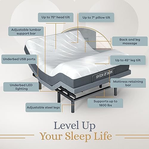 Image of Sven & Son Bliss Adjustable Bed Base Frame + 14 inch Hybrid Spring Matt (Medium Soft), Head and Foot Lift, Lumbar, Pillow-Tilt, Massage, Under-Bed Lights, USB, Memory, Zero Gravity - Queen