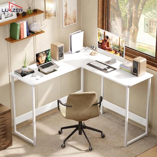 Image of Lukzer Engineered Wood L-Shaped Corner Study and Computer Laptop Table for Home or Office | MST-007 /White & White | Multi-Functional Gaming Station and WFH Desk with Metal Frame