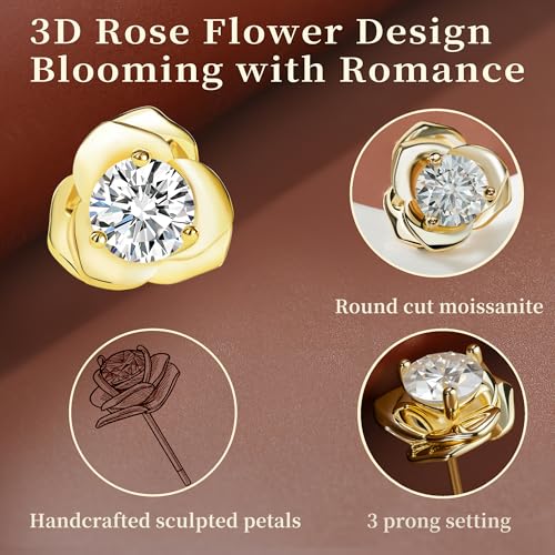 Impalsory Moissanite Rose Stud Earrings, 18K Gold Plated Sterling Silver, Hypoallergenic Floral Jewelry for Women3