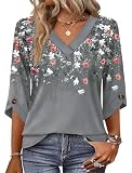 OFEEFAN Plus Size Summer Outfits 3/4 Length Sleeve Womens Tops Trendy V Neck T Shirts Womens Blouses Basic Top Tunic Tops for Women Loose Fit Dressy Grey 3XL
